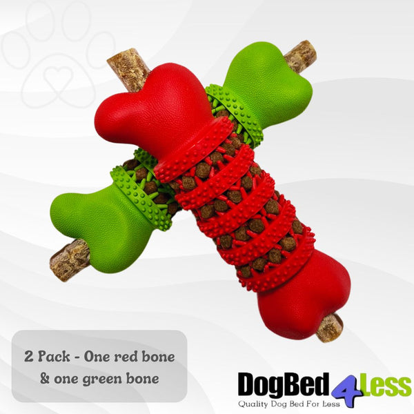 Dogbed4less Vibrant Chew and Clean Interactive Bone Dog Toy for Medium & Large Dogs - 6.5” Red and Green 2 Pack